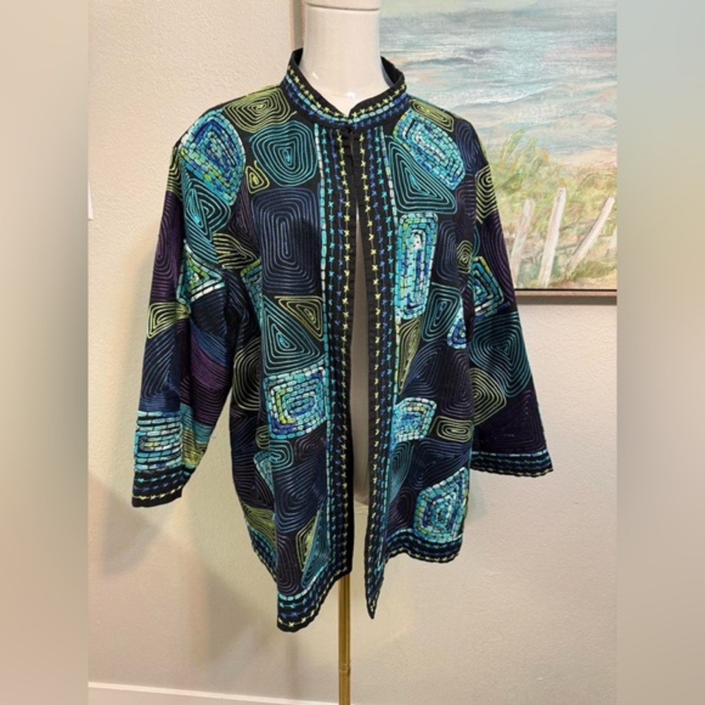 Artsy Embroidered Geometric Cotton Jacket –‎ Size 2X Boho 3/4 Sleeves Life Style